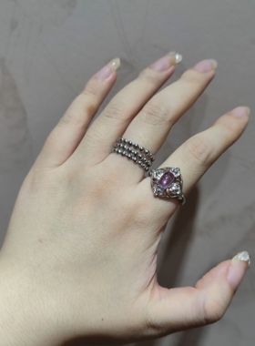 2025新品亮银镂空花朵紫水晶纯天然钛钢托指环开口可调节戒指饰品