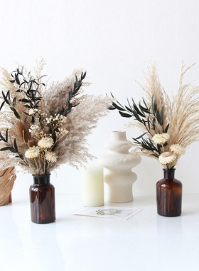 客厅小众干花蒲苇细叶混搭花束