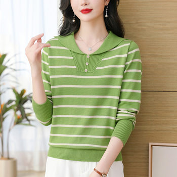 ເສື້ອຢືດແຂນຍາວ Lapel striped sweater 2024 spring women's mom age-reduction top loose thin t-shirt bottoming shirt