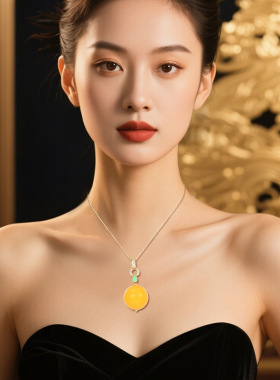 S925项链复古淡雅气质天然蜜蜡吊坠项链时尚女款轻奢锁骨链