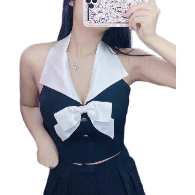 Bow tie ສີ contrasting ການອອກແບບຄໍ halter