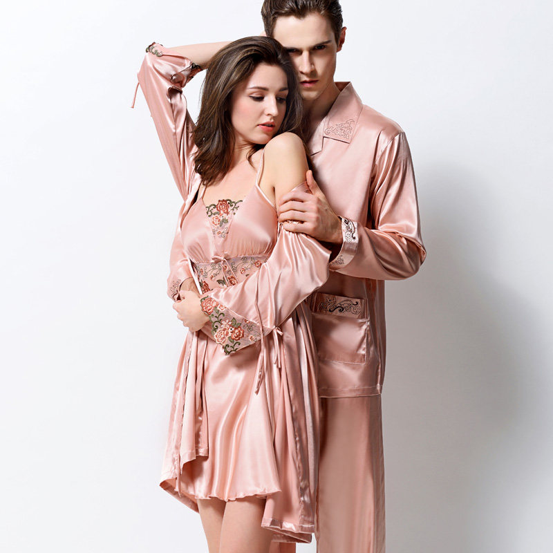 春秋情侣胸垫仿真丝绸夏男冰丝睡裙 绿洋洋服饰睡袍/浴袍