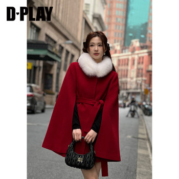 DPLAY commuter red detachable fox fur collar sleeveless A-line cape coat for women