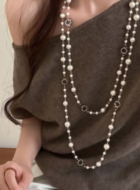 法式山茶花珍珠项链女大气高档高级感毛衣链2026新款双层叠戴配饰