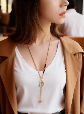 D字母钛钢项链女轻奢小众设计感高级气质百搭锁骨链中长款毛衣链