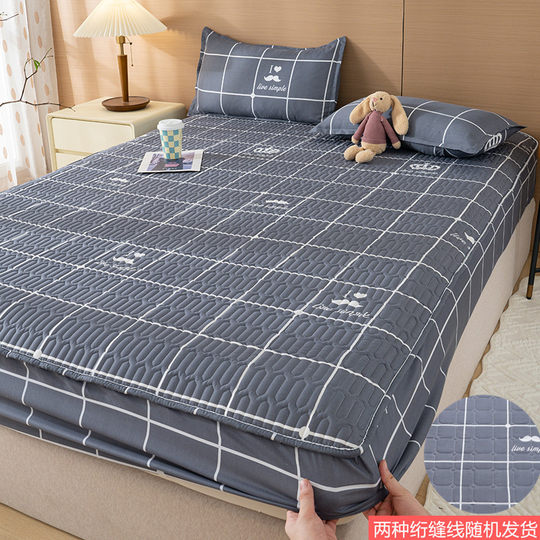 Single-piece quilted thickened fitted sheet with anti-slip fixation