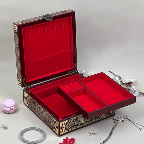 平遥非遗漆器首饰盒螺钿掐铜丝镶嵌鲍鱼贝壳中国风精致木质收纳盒 - 图2