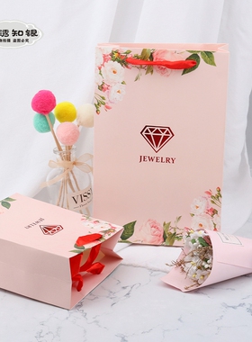 首饰袋礼品包装袋购物纸袋子烫金印刷定做logo清新花卉丝带绳粉色