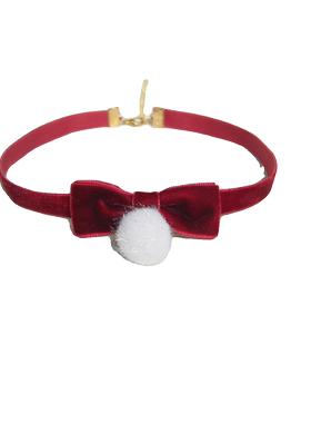 复古酒红丝绒蝴蝶结毛球颈带