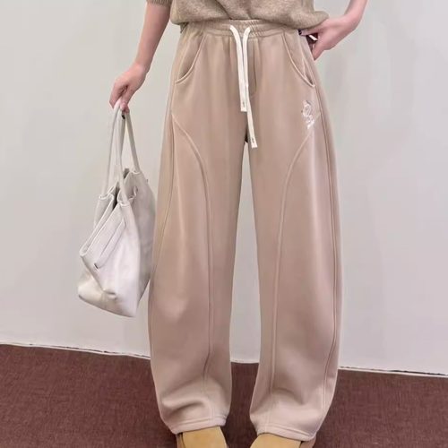 分割线显瘦窄版弯刀裤松紧腰卫裤加绒直筒阔腿裤女冬季宽松运动裤 - 图1