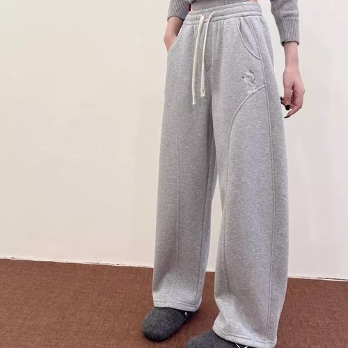 分割线显瘦窄版弯刀裤松紧腰卫裤加绒直筒阔腿裤女冬季宽松运动裤 - 图3