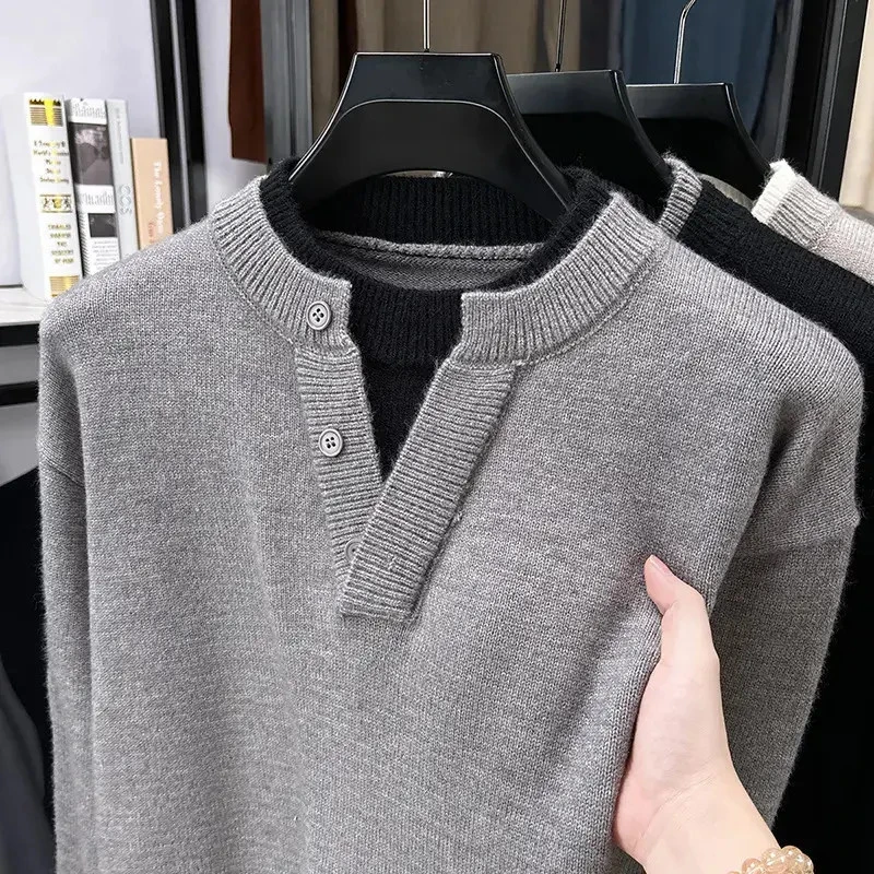 2025冬季男士针织衫双领V领假两件毛衣男针织衫百搭打底,淘宝优惠券,粉丝福利购,淘宝优惠卷