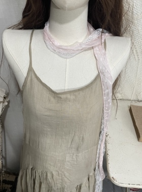 原创古着感花朵围巾森系粉色蕾丝叠戴细丝巾飘带韩系围巾旅游配饰
