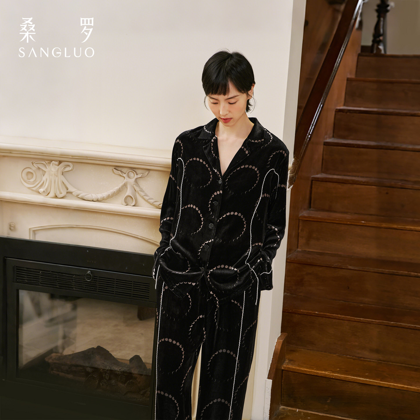 月亮印花』桑罗桑蚕丝绒长袖睡衣套装长袖女款家居服秋冬可外穿 - 图0