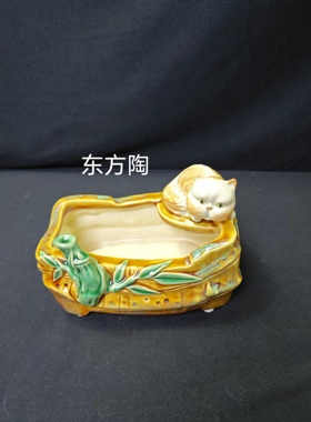 富足猫花盆石湾公仔家居装饰摆件陶瓷工艺品石湾公仔送礼