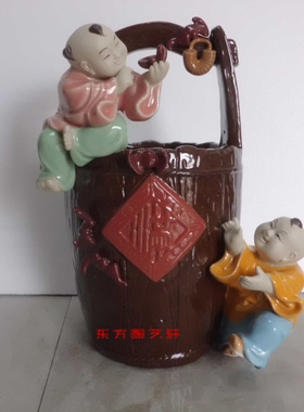 陶瓷水桶摆件石湾公仔工艺品花瓶