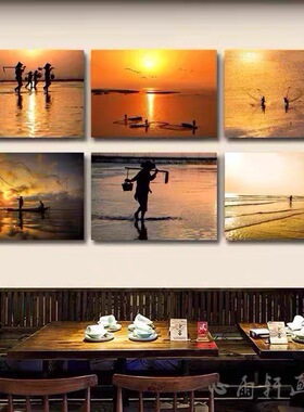 捕鱼图装饰画海鲜餐厅装饰画酒楼酒店挂画渔船渔民捕鱼风景壁画