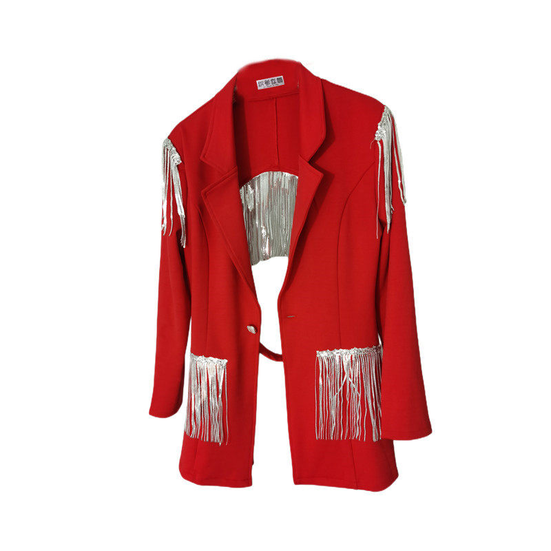 女主播歌手婚庆主持爵士领舞团演闪亮流苏镂空西服外套红色打歌服,淘宝优惠券,粉丝福利购,淘宝优惠卷