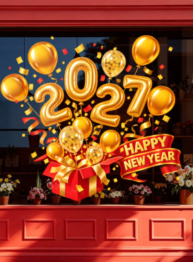 春节羊年2027礼物盒店铺氛围感金色装饰品静电玻璃门橱窗户贴纸花