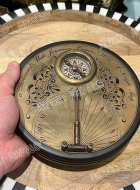 复古圆形黄铜罗盘日晷指南针创意书房摆件书桌工艺品道具印度进口