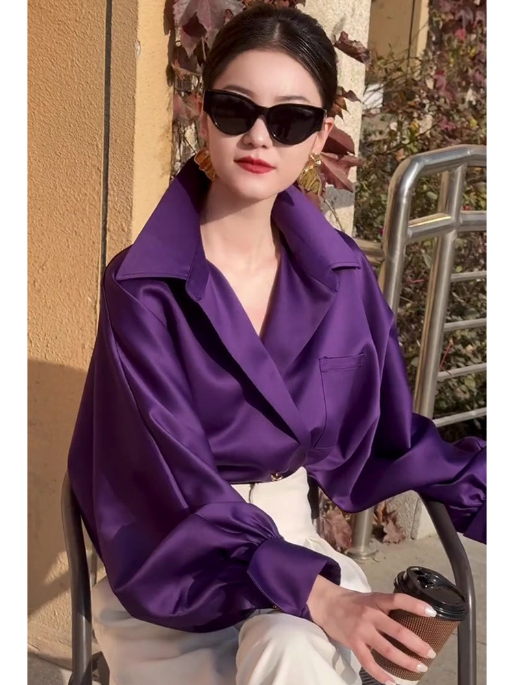欧货高端时尚缎面紫色灯笼袖上衣衬衫女春季新款时髦气质宽松衬衣,淘宝优惠券,粉丝福利购,淘宝优惠卷