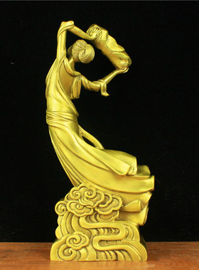 纯铜女娲娘娘七彩石补天摆件