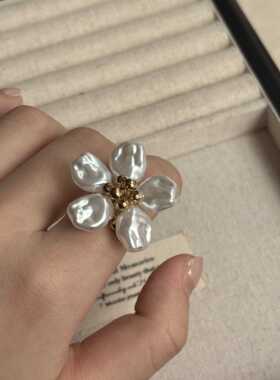 法式复古人造巴洛克珍珠开口戒指女个性小众高级感轻奢花朵指环新