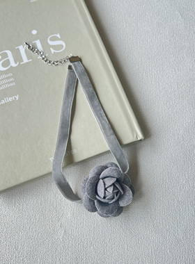 高级冷淡灰choker小香风山茶花项圈女短款锁骨链脖链颈带气质项链