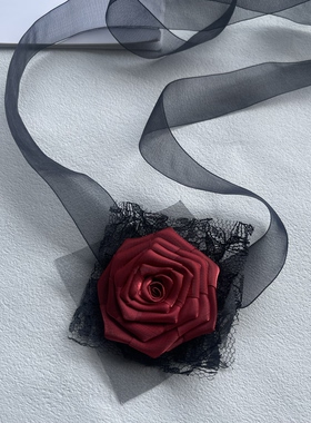 原创暗黑玫瑰蕾丝酒红花朵飘带性感项圈颈带choker宽边项链腰带
