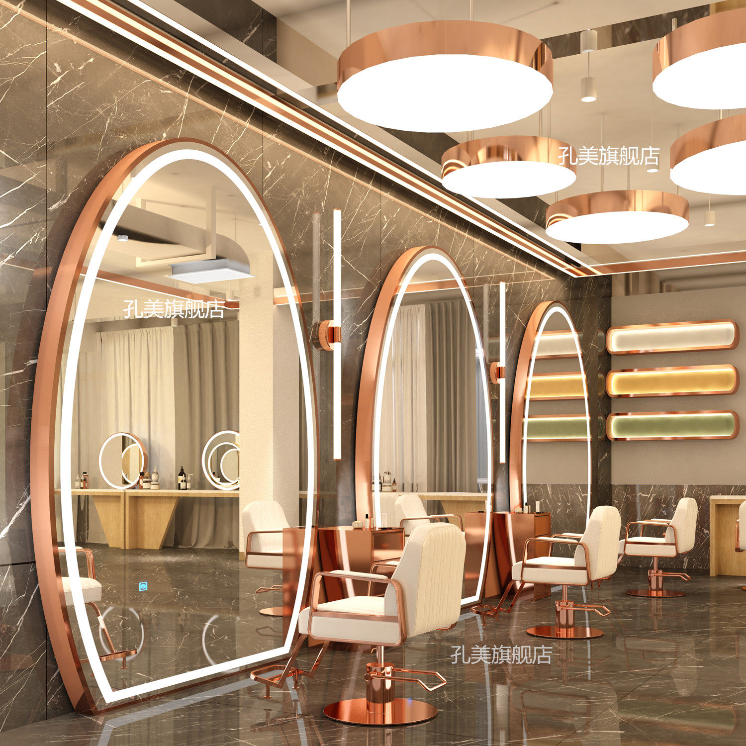 美发落地镜触控烫染镜台理发店镜子发廊专用网红剪发半圆镜led灯