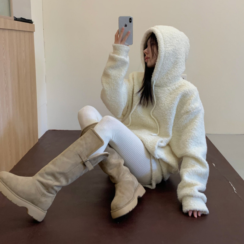 韩国东大门连帽羊羔毛加厚上衣套头卫衣女+百搭毛绒休闲短裤套装,淘宝优惠券,粉丝福利购,淘宝优惠卷
