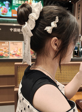 自制百搭甜美发饰女白色缎面小波点蝴蝶结大肠发圈丸子花苞头头饰
