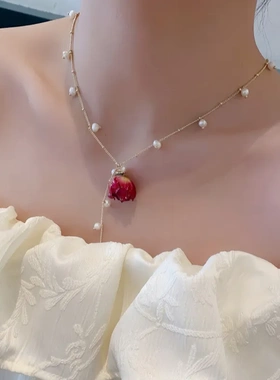 新款高级感饰品简约时尚玫瑰永生花真花优雅气质珍珠项链氛围感