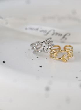 梦幻星月开口月亮戒指宽版指环