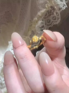 S925纯银金色花枝玫瑰戒指女小众设计高级感高颜值百搭可调节指环