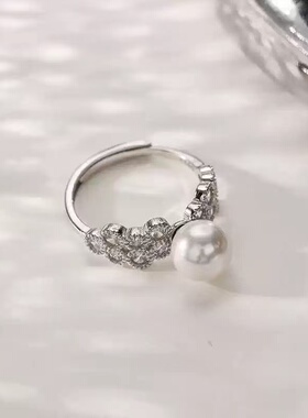 s925银锆石珍珠戒指女轻奢高级感百搭气质开口可调节指环2026新款