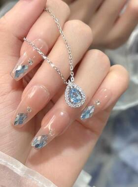 S925纯银蓝眼泪水滴项链女款2026新款高级感满钻锁骨链送女友礼物