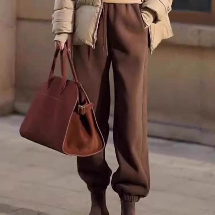 休闲裤女2024年冬季新款时尚加绒加厚松紧腰宽松高腰束脚遮肉长裤,淘宝优惠券,粉丝福利购,淘宝优惠卷