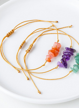 东海水晶不规则碎石手串原石手工编织手链波西米亚风虎眼紫晶沙滩