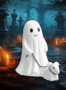 万圣节树脂小幽灵遛狗摆件Ghost Walking Dog Statue家居创意装饰