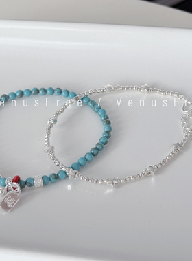 福气满满!925纯银福字手工蓝色仿松石手串纯银星星珠珠手链新中式
