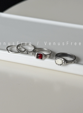 热红酒复古Vintage通体925纯银烧黑做旧酒红白色宝石极细小钻戒指