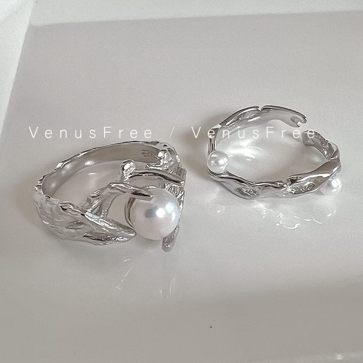 VenusFree甜酷925纯银异形设计师小众珍珠不规则戒指环开口叠戴 - 图0