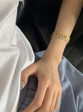 18k镀金欧美博主不掉色加宽金银两色手表带链条手链男女情侣叠戴