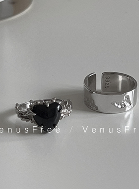 925纯银黑色宝石异形爱心戒指