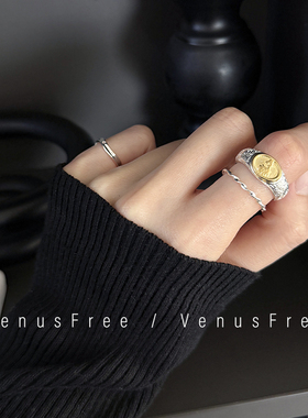 重工加厚加粗925纯银高级感纹理金色圆币质感戒指环开口简约韩国