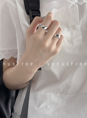 韩国进口2选925纯银天然宝石黑玛瑙法式黑色滴油戒指开口简约叠戴