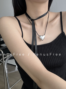 925纯银大号爱心黑绳项链毛衣链