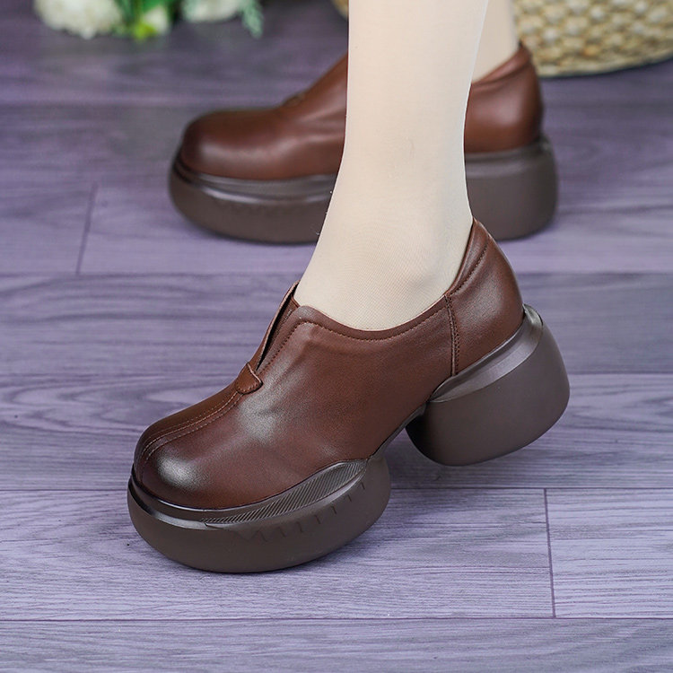 真皮松糕厚底深口单鞋女2026春季新款软面一脚蹬复古圆头妈妈皮鞋,淘宝优惠券,粉丝福利购,淘宝优惠卷