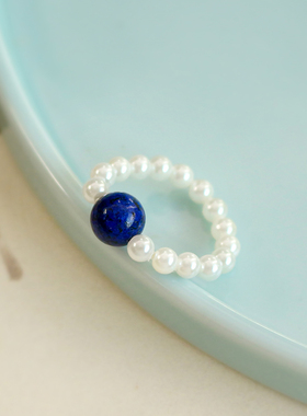 青金石白贝珠戒指原创复古高级